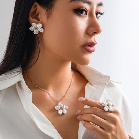 Metallic Pearl Flower Pendant, Ring, & Earrings Set