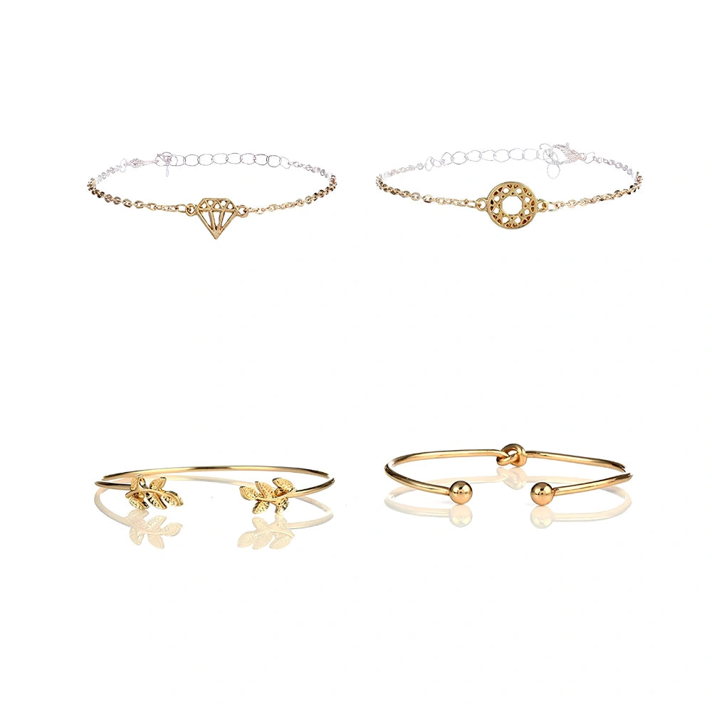 4pcs Golden Bohemian Leaf, Knot, & Diamond Hand Cuff Jewelry Set
