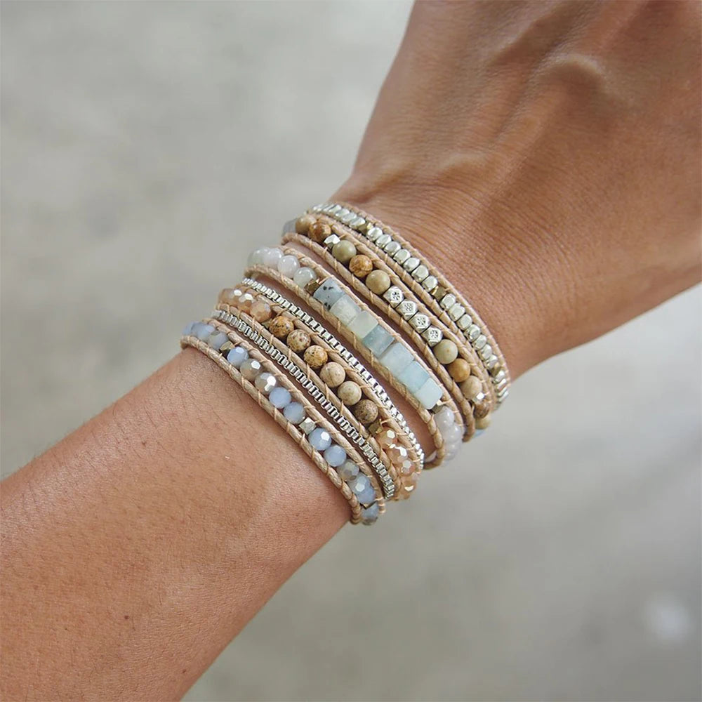 Amazonite Mix 5-Wrap Boho Bracelet with 316 Stainless Steel Box Chain