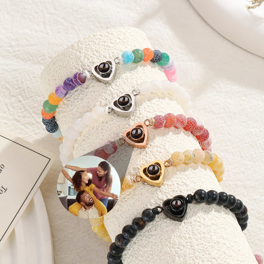 Custom Photo Projection Beaded Bracelet — Personalized Heart Picture Jewelry Gift for Women