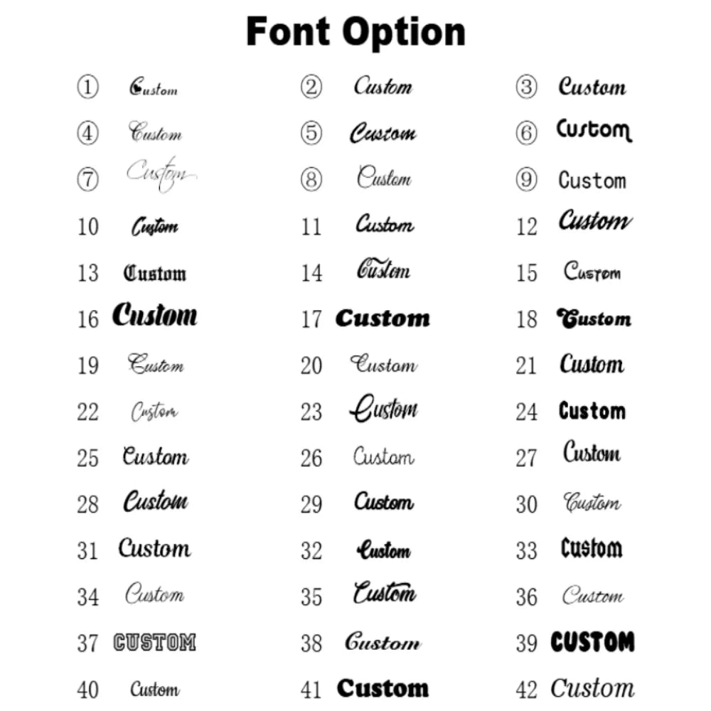 List of font options labeled 'Custom' on a white background