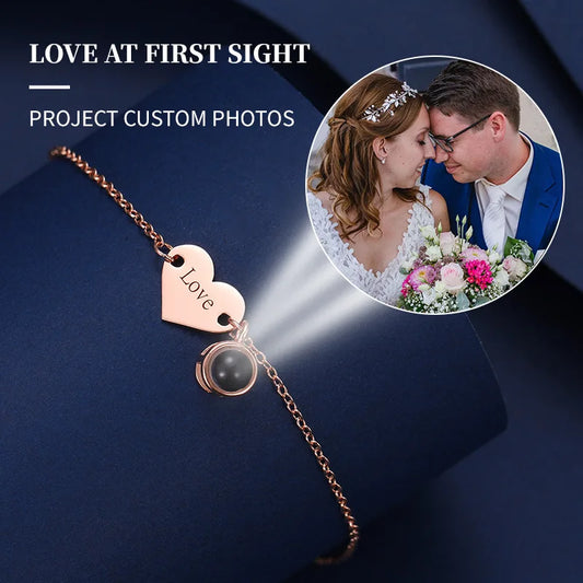 Custom Photo Projection Bracelet Stainless Steel Heart Zircon Jewelry