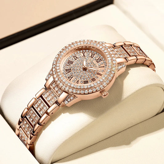 Rose gold watch with diamond accents on a light background
