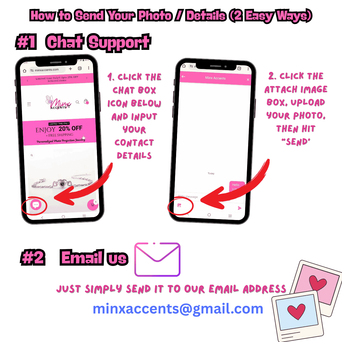 Instructions on how to send a photo or details using chat support or email with a smartphone interface.