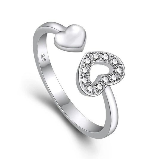 925 Sterling Silver Heart Open Ring – Adjustable with Inlaid Zircon Sparkle