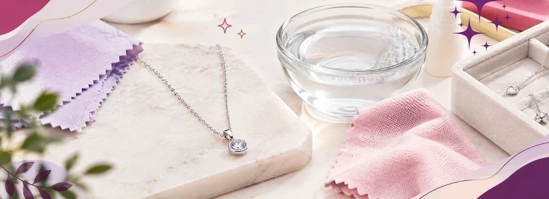 sterling necklaces and a bowl of water with soft cloth 