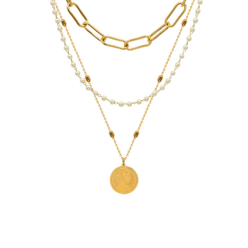 Elegant Three-Layer Synthetic Pearl Necklace – Gold-Plated Titanium Steel