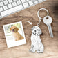 A silver metal keychain shaped like a sitting dog with a key attached, displayed on a wooden surface next to a printed photo of a golden retriever and an arrow pointing to the dog keychain. A partial keyboard is visible at the top.