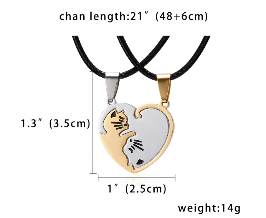 Cat hug heart-shaped couple stitching necklace