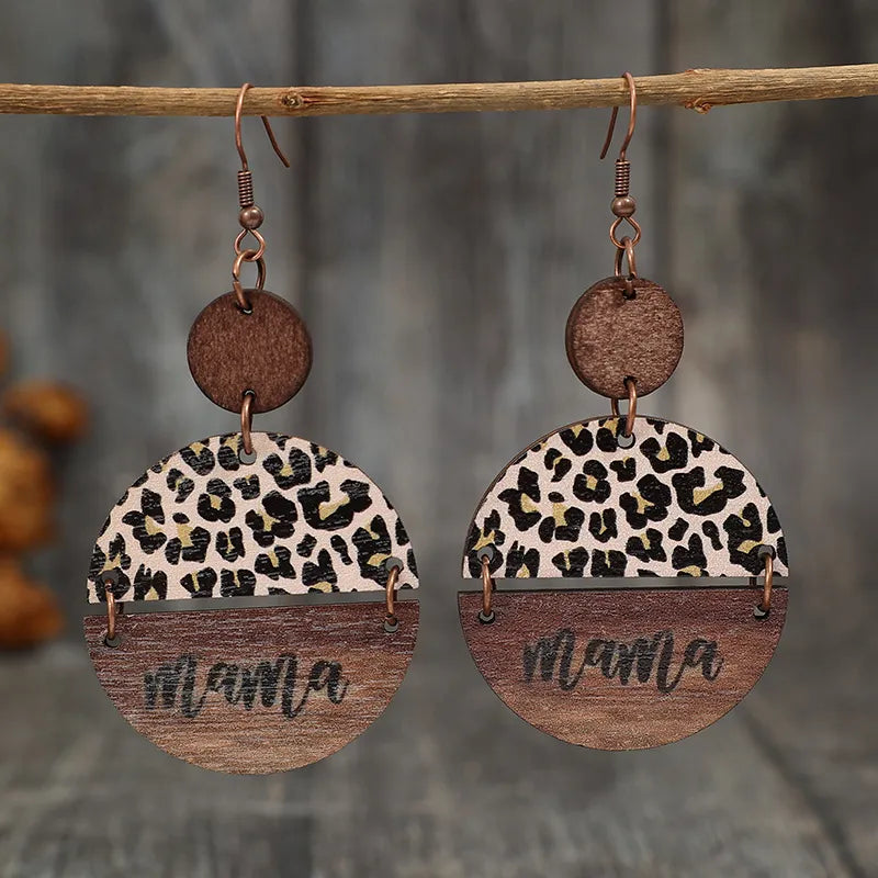 Leopard Print Wooden "Mama" Earrings – Round Statement Dangle Pair
