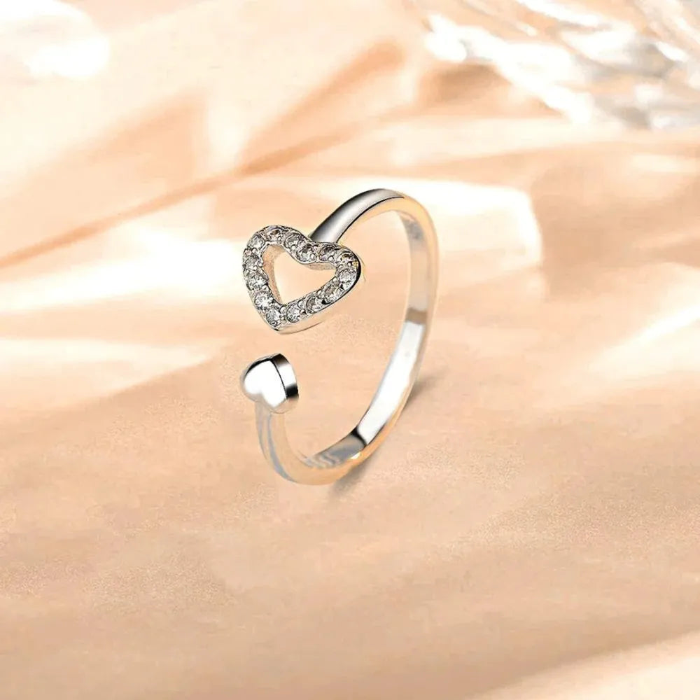 925 Sterling Silver Heart Open Ring – Adjustable with Inlaid Zircon Sparkle