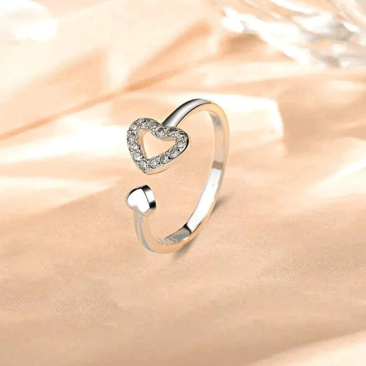 925 Sterling Silver Heart Open Ring – Adjustable with Inlaid Zircon Sparkle