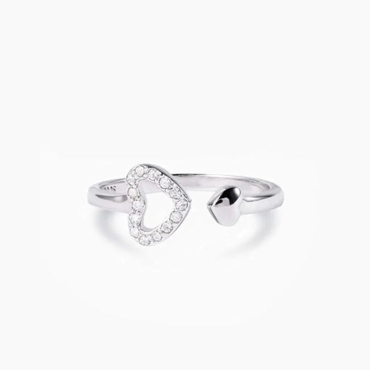 925 Sterling Silver Heart Open Ring – Adjustable with Inlaid Zircon Sparkle