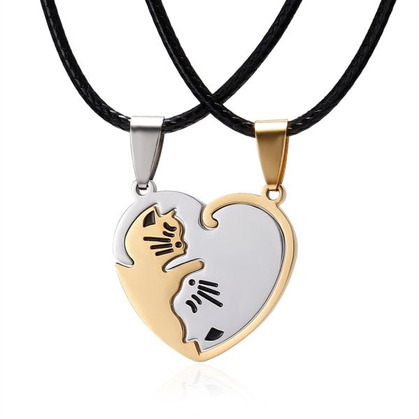 Cat hug heart-shaped couple stitching necklace