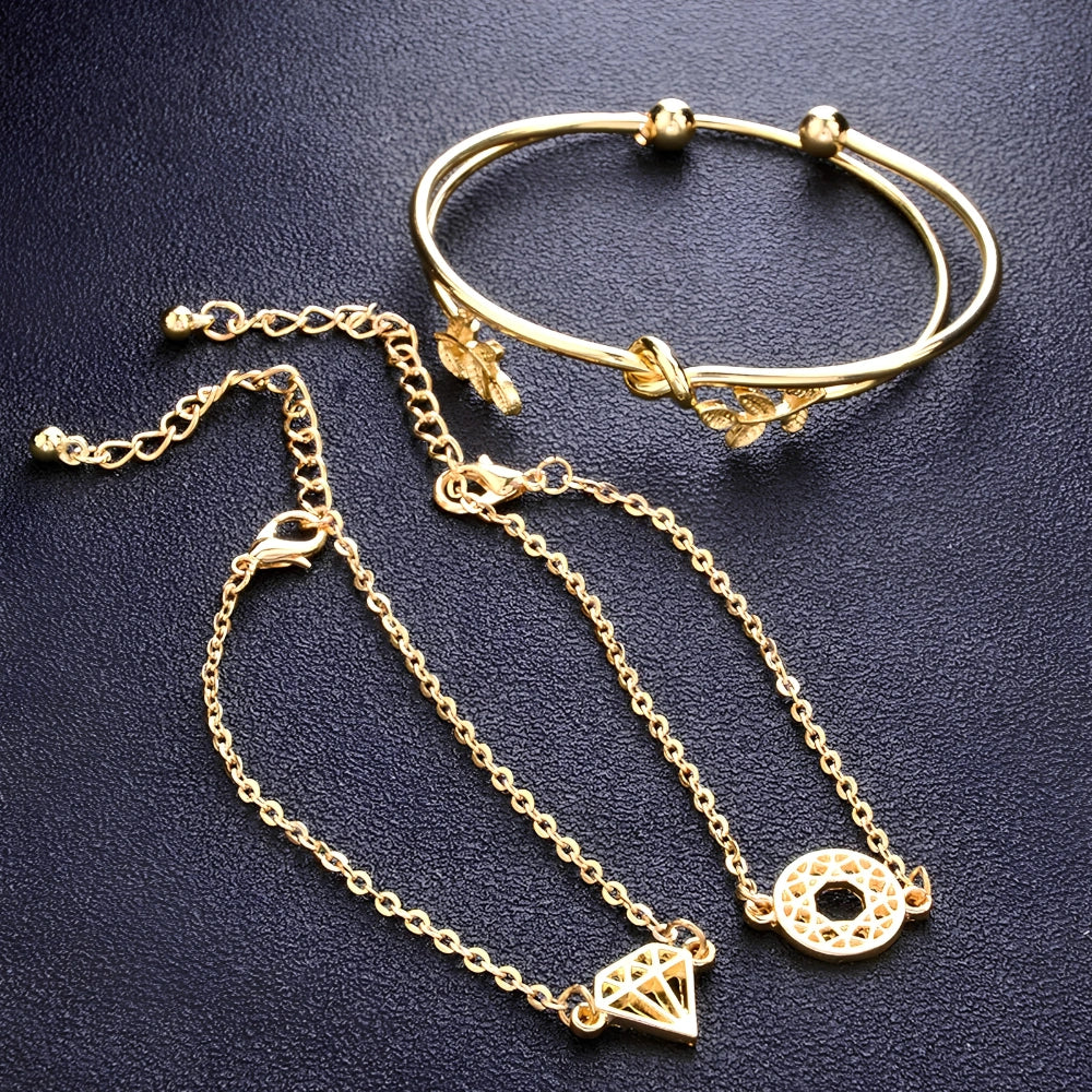 4pcs Golden Bohemian Leaf, Knot, & Diamond Hand Cuff Jewelry Set