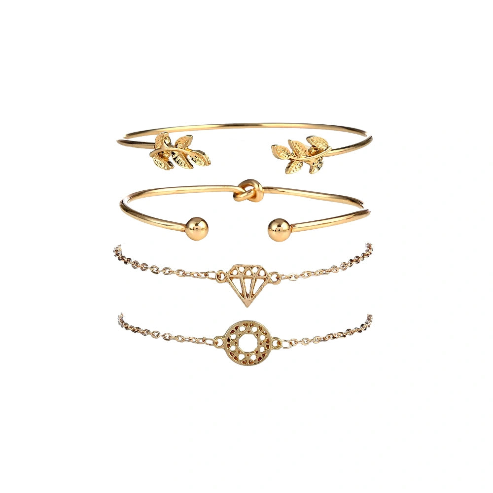 4pcs Golden Bohemian Leaf, Knot, & Diamond Hand Cuff Jewelry Set