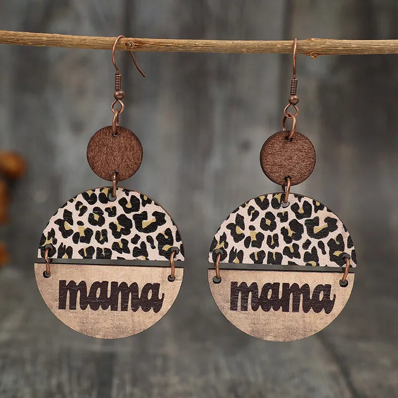 Leopard Print Wooden "Mama" Earrings – Round Statement Dangle Pair