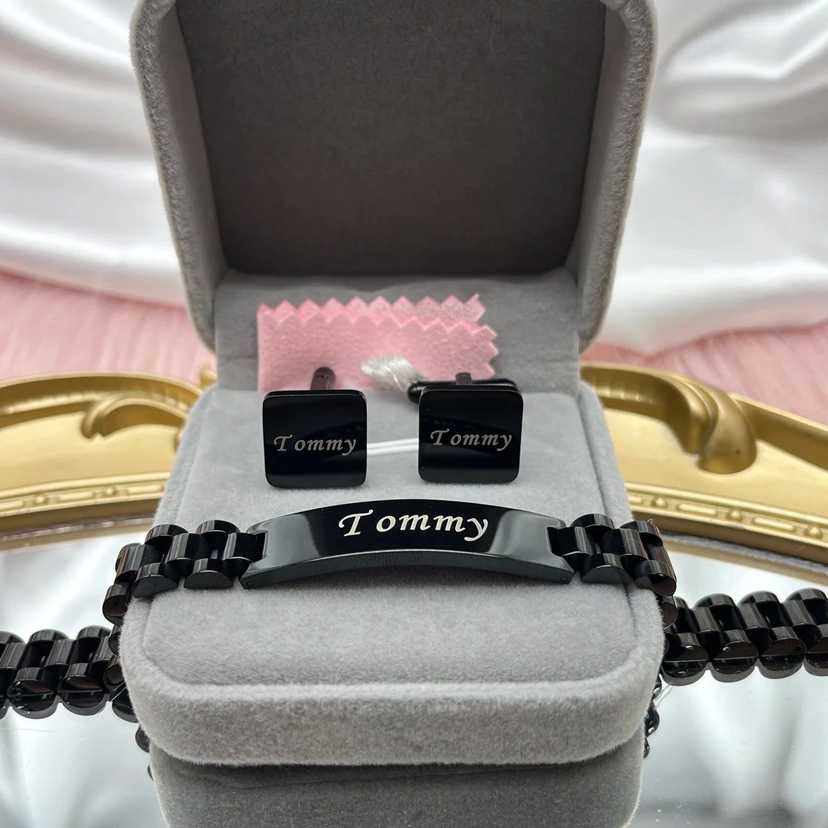 Custom Stainless Steel Name Bangle & Cufflinks Set