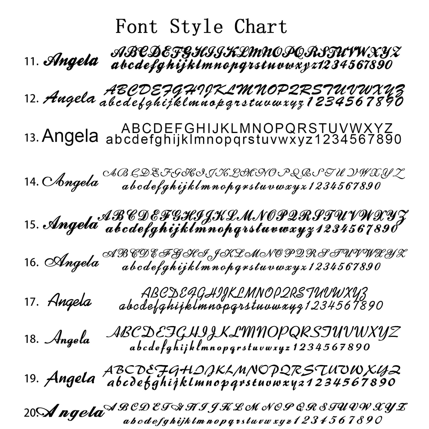 Font style chart with 'Angela' font displayed multiple times.