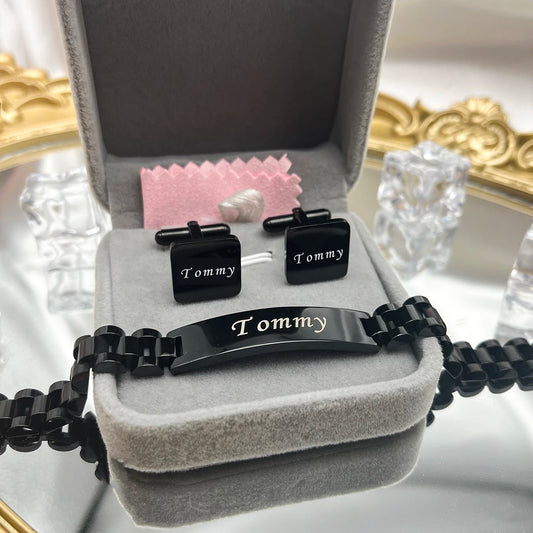 Custom Stainless Steel Name Bangle & Cufflinks Set