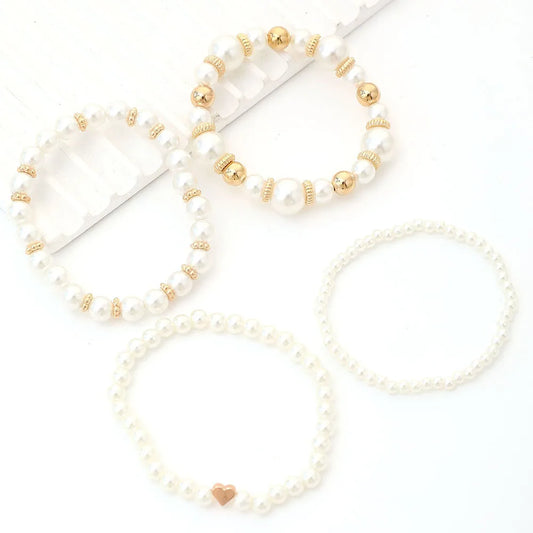 4pcs Simple White Faux Pearl Beaded Heart Bracelet Set