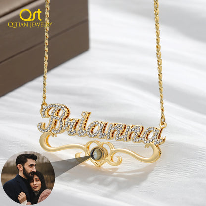 Custom Name Projection Photo Necklace Gold Diamond Cuban Chain for Women