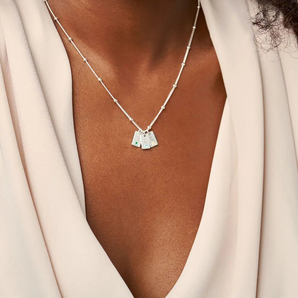 Initial Birthstone Tag Necklace Tiny Name Tag