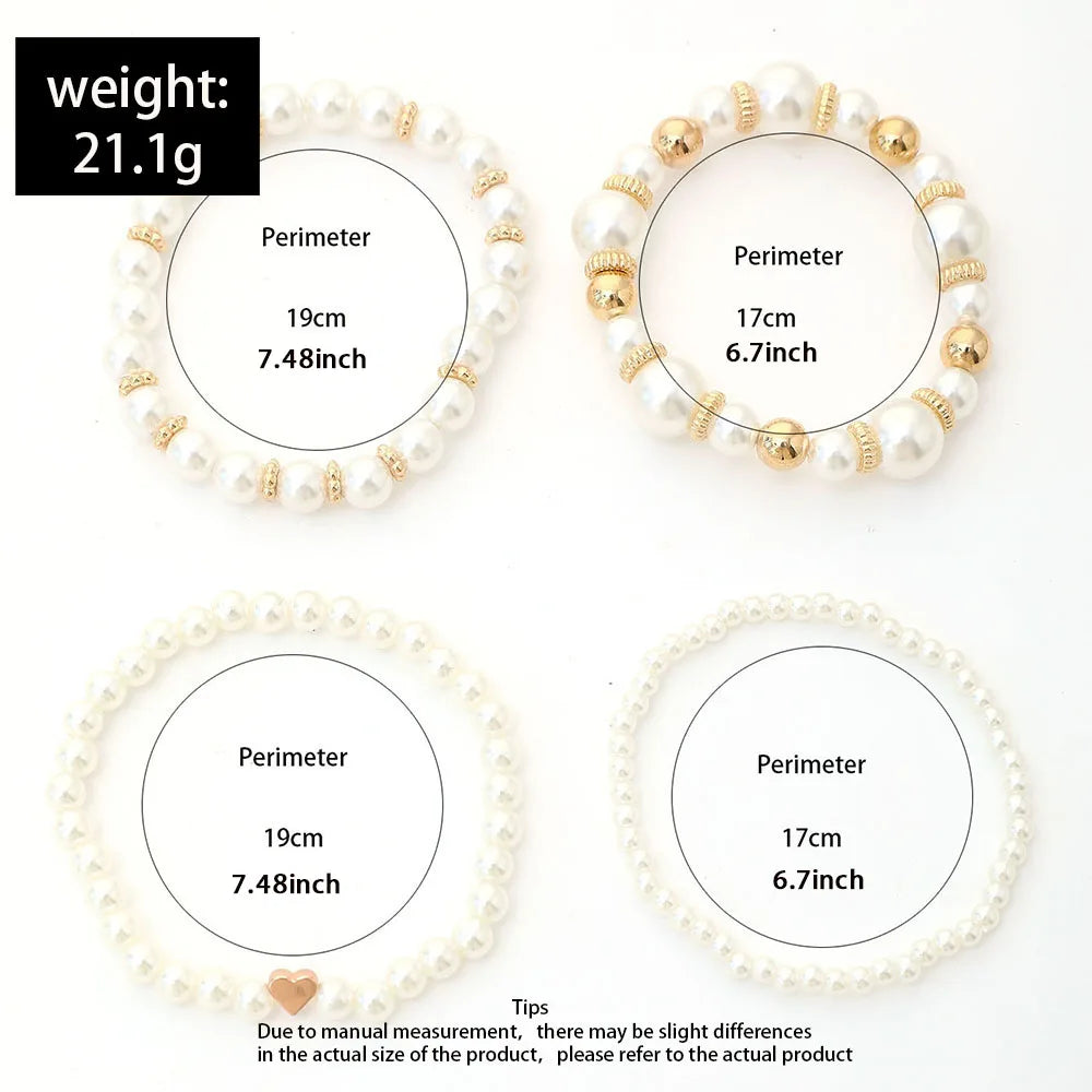 4pcs Simple White Faux Pearl Beaded Heart Bracelet Set