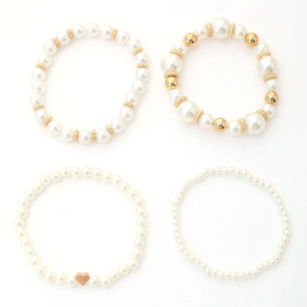4pcs Simple White Faux Pearl Beaded Heart Bracelet Set
