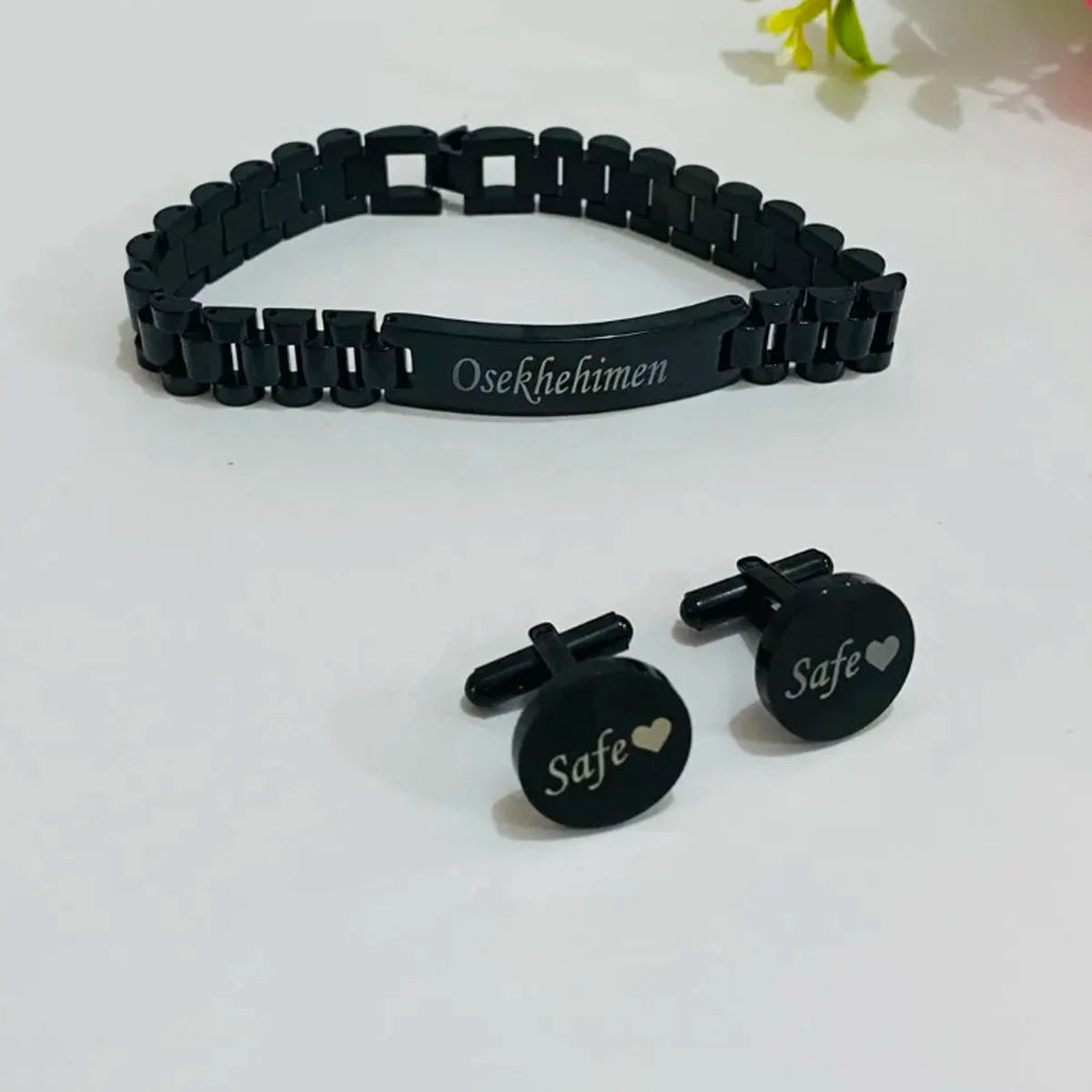 Custom Stainless Steel Name Bangle & Cufflinks Set