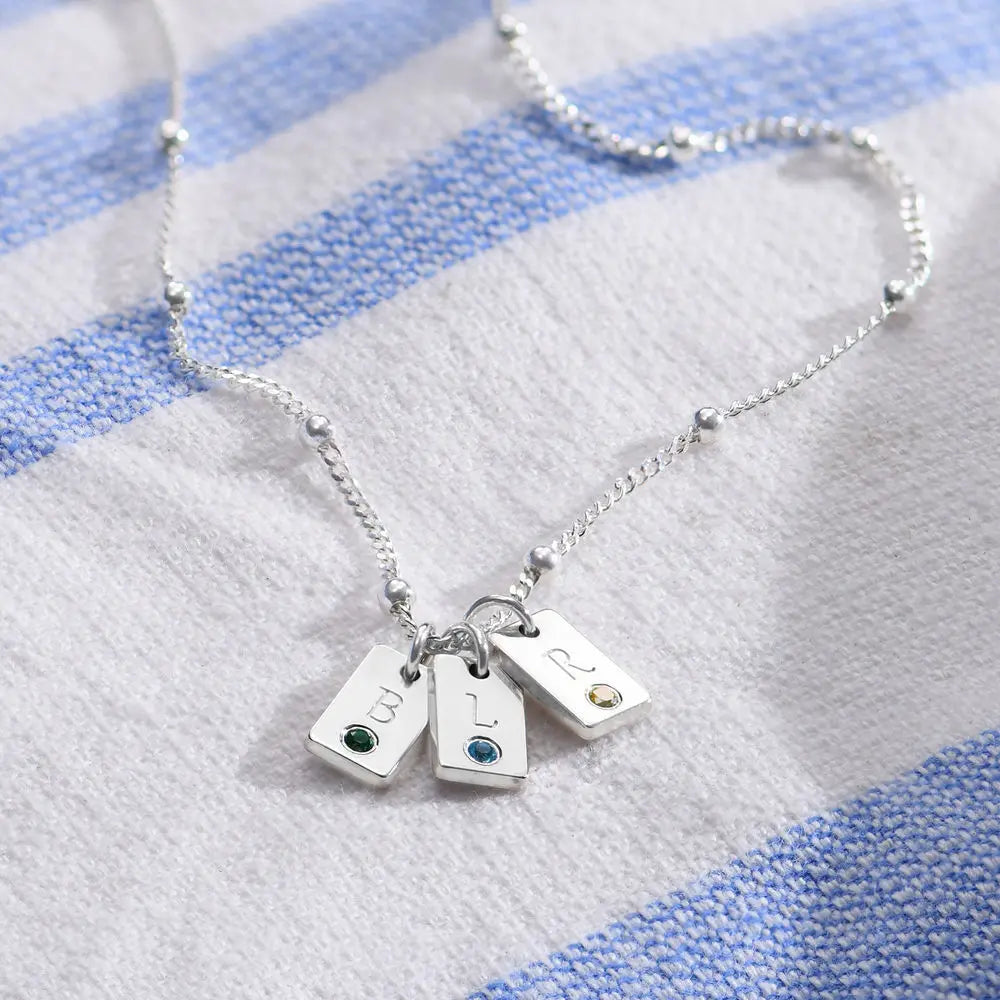 Initial Birthstone Tag Necklace Tiny Name Tag