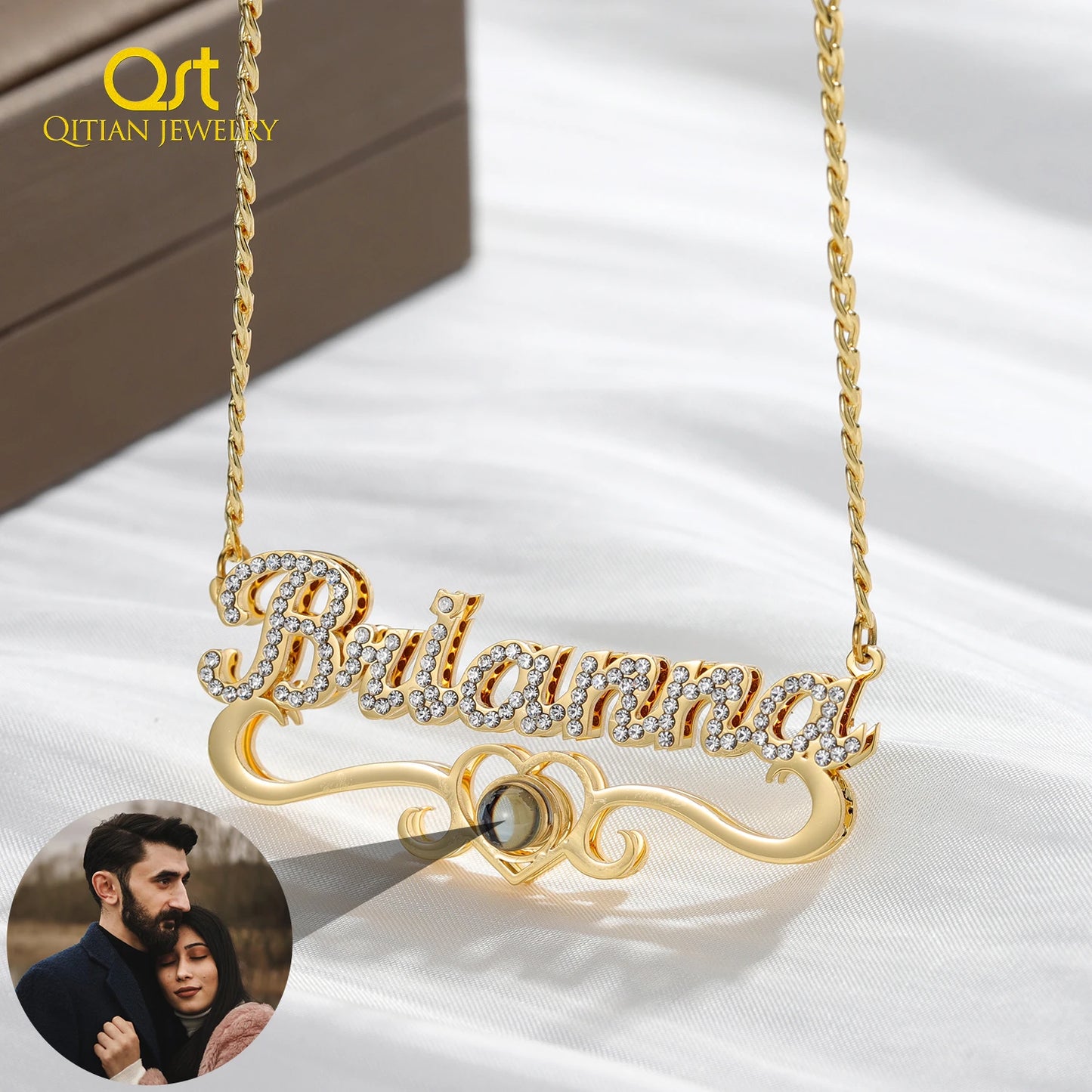 Custom Name Projection Photo Necklace Gold Diamond Cuban Chain for Women