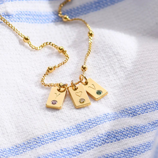 Initial Birthstone Tag Necklace Tiny Name Tag