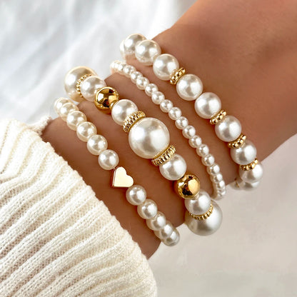 4pcs Simple White Faux Pearl Beaded Heart Bracelet Set