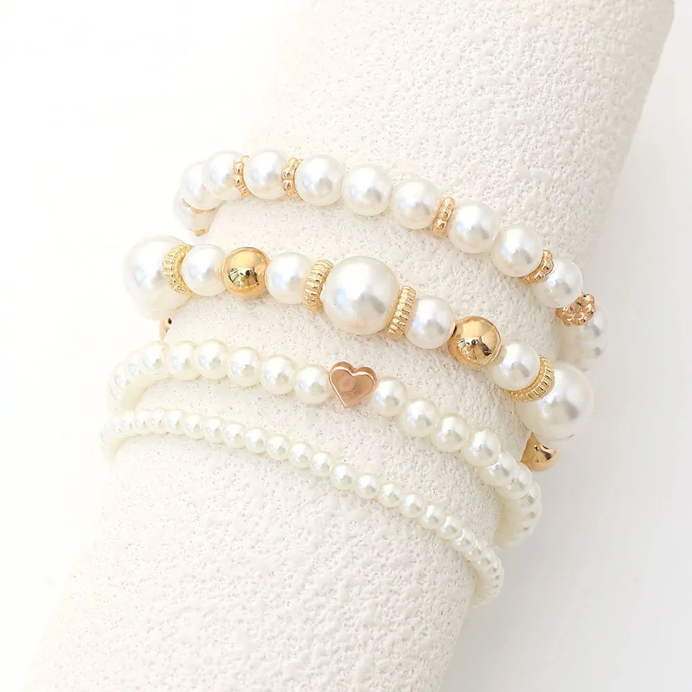 4pcs Simple White Faux Pearl Beaded Heart Bracelet Set