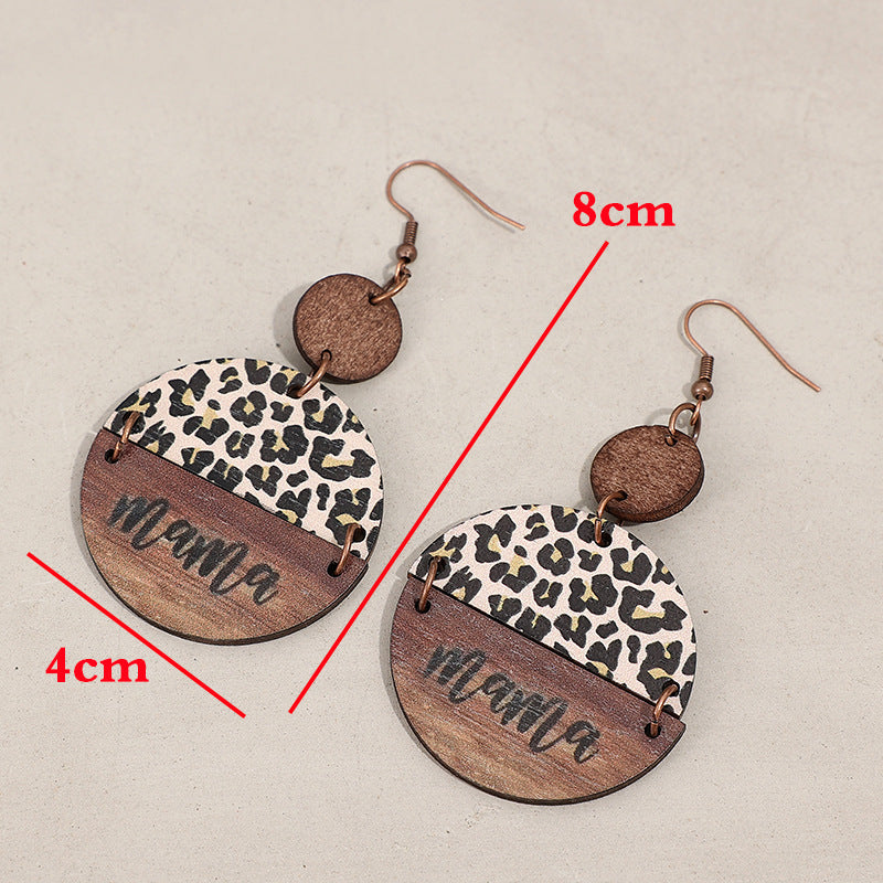 Leopard Print Wooden "Mama" Earrings – Round Statement Dangle Pair