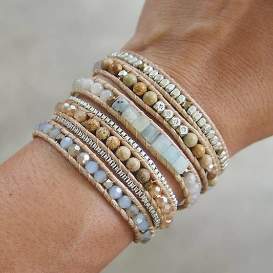 Amazonite Mix 5-Wrap Boho Bracelet with 316 Stainless Steel Box Chain