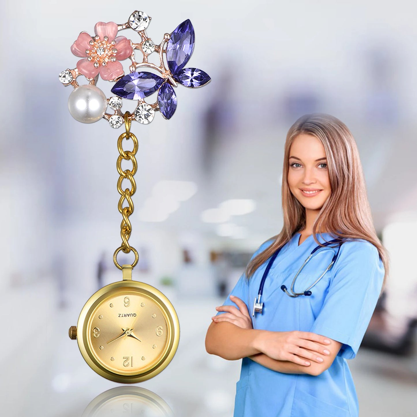 Crystal Butterfly Nurse Pocket Watch