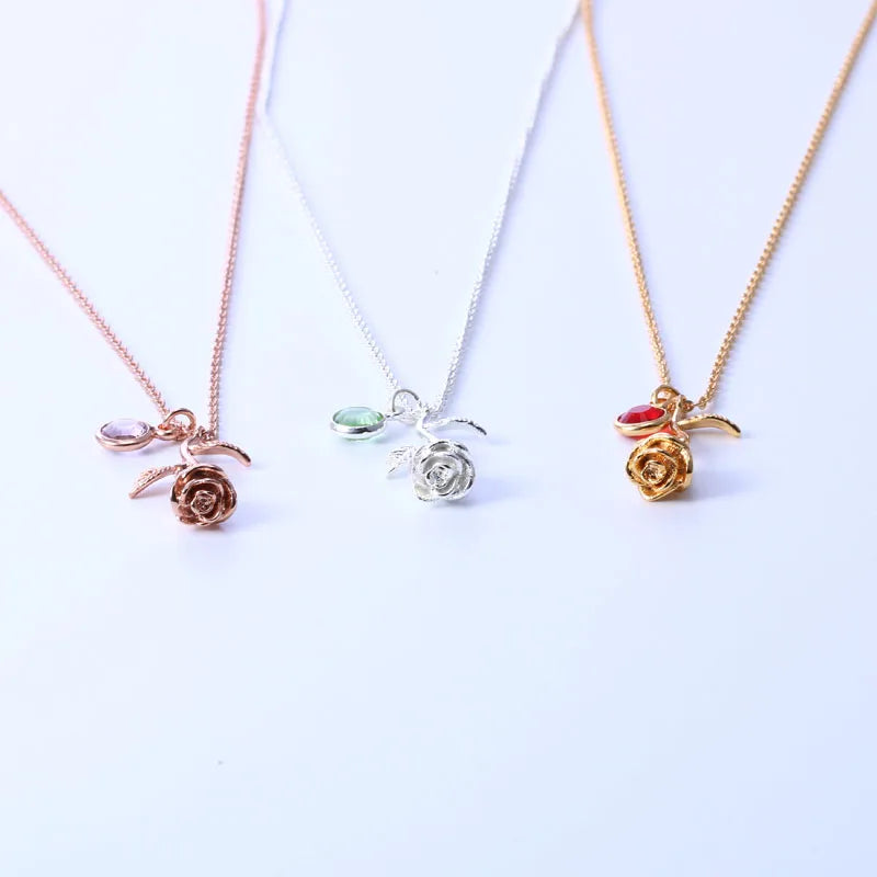 3D Rose Necklace Personalized Custom Birthstone