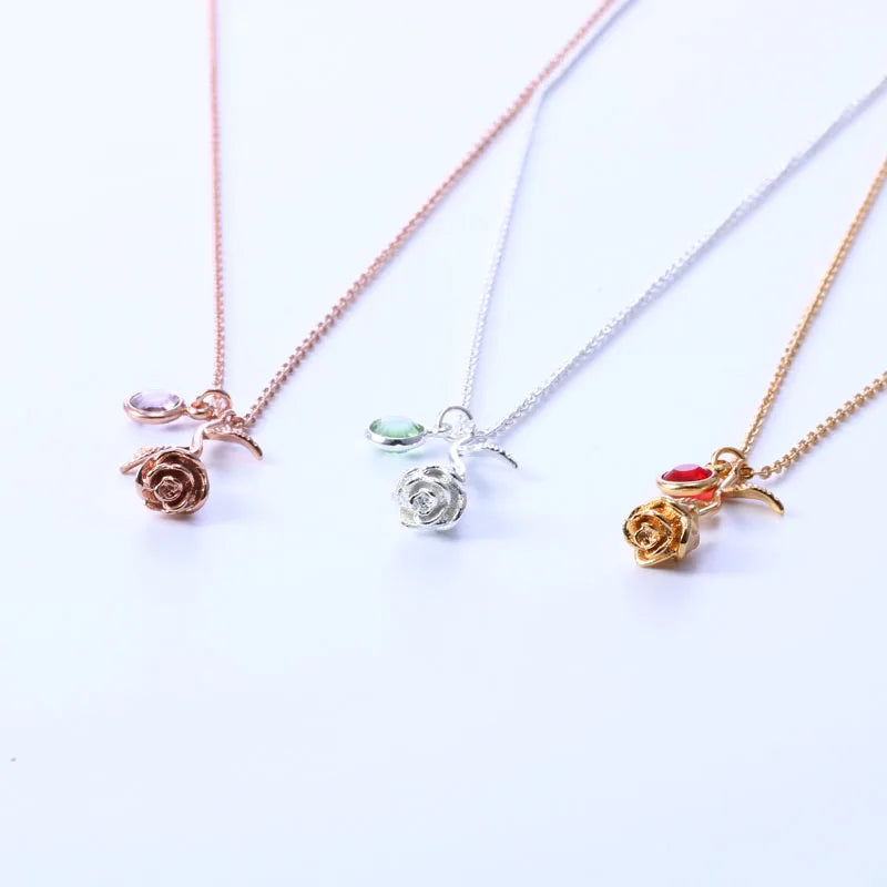3D Rose Necklace Personalized Custom Birthstone