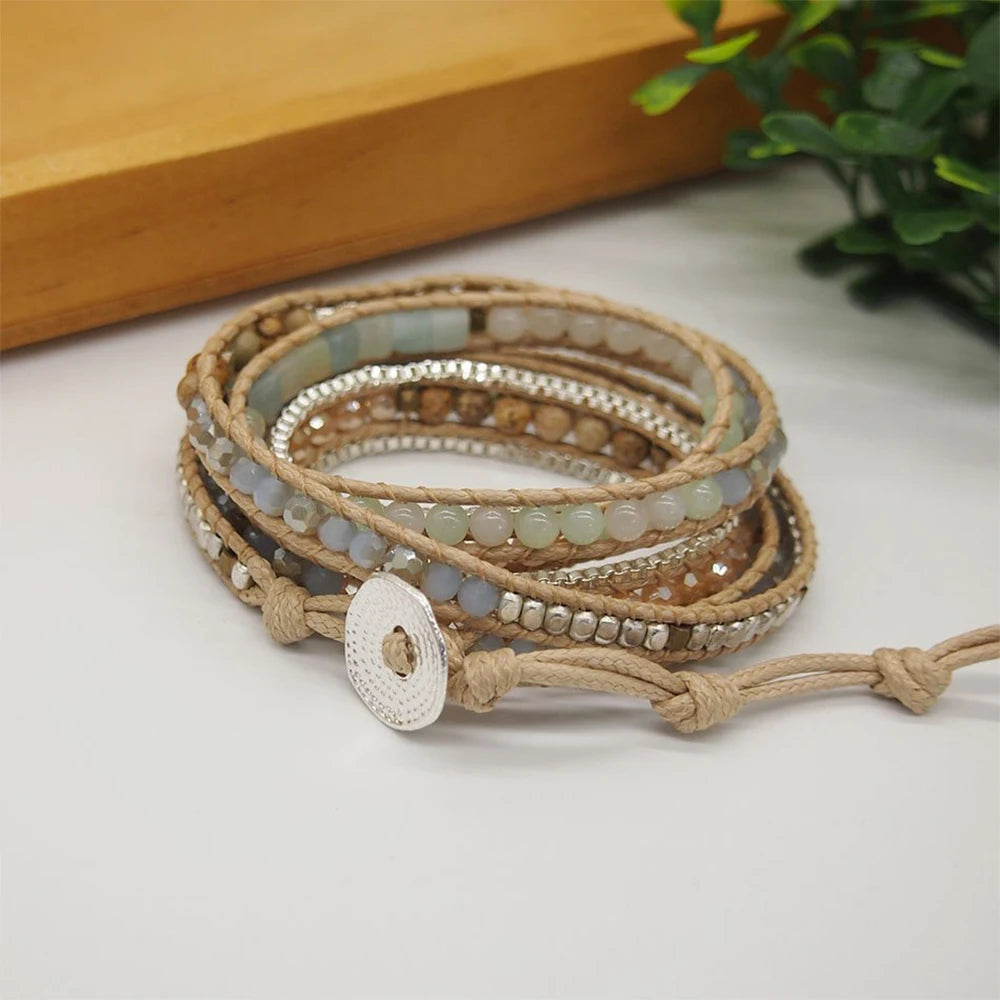 Amazonite Mix 5-Wrap Boho Bracelet with 316 Stainless Steel Box Chain