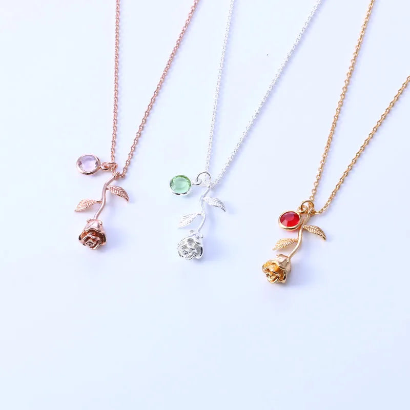 3D Rose Necklace Personalized Custom Birthstone