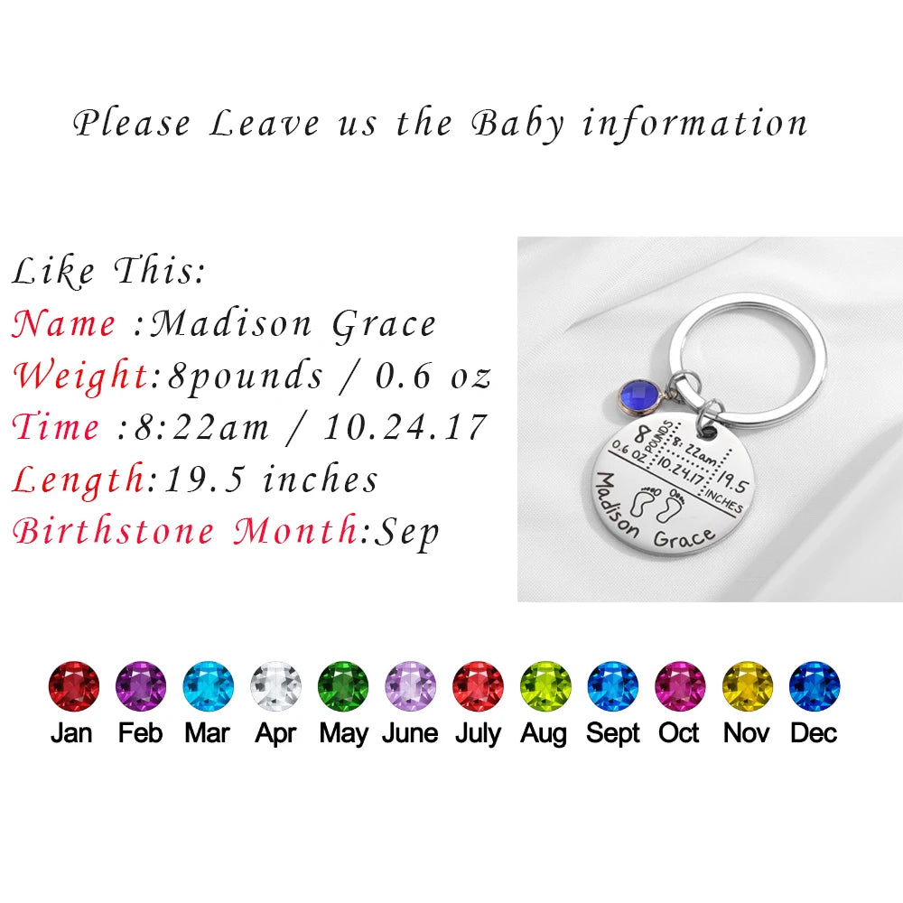Keychain with engraved baby information and birthstone options on a white background