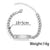A collection of personalized laser engraved eye bracelet necklaces in silver and gold colors, displayed on a dark background.