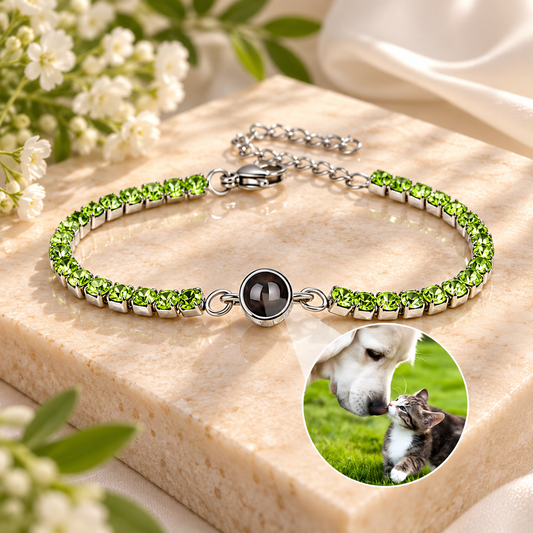 Stainless Steel Custom Photo Projection Bracelet with Colored Cubic Zirconia Diamonds