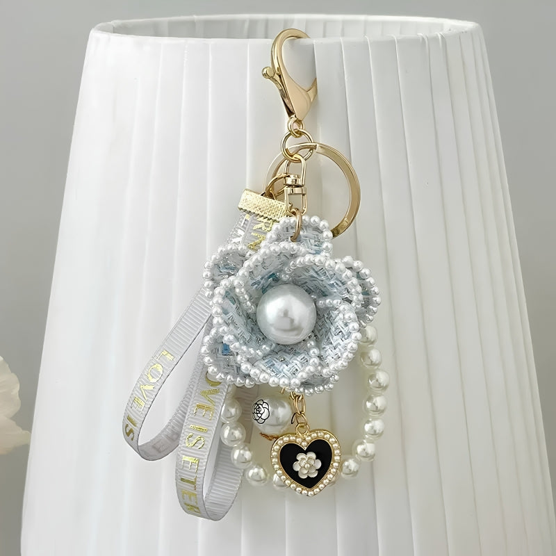 Cute Handmade Keychain with Camellia Flower Pearl Charm