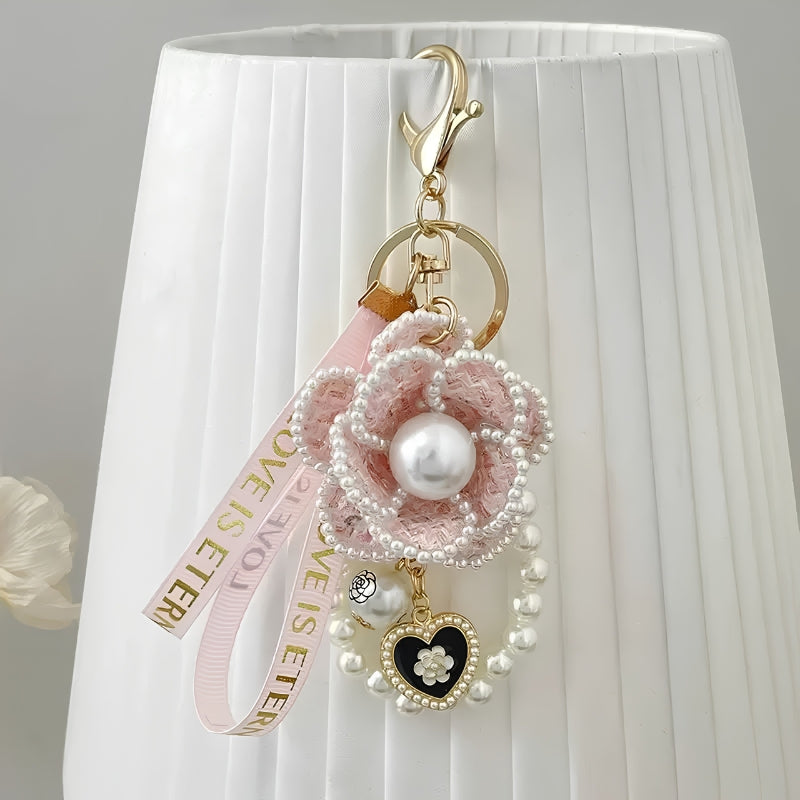 Cute Handmade Keychain with Camellia Flower Pearl Charm