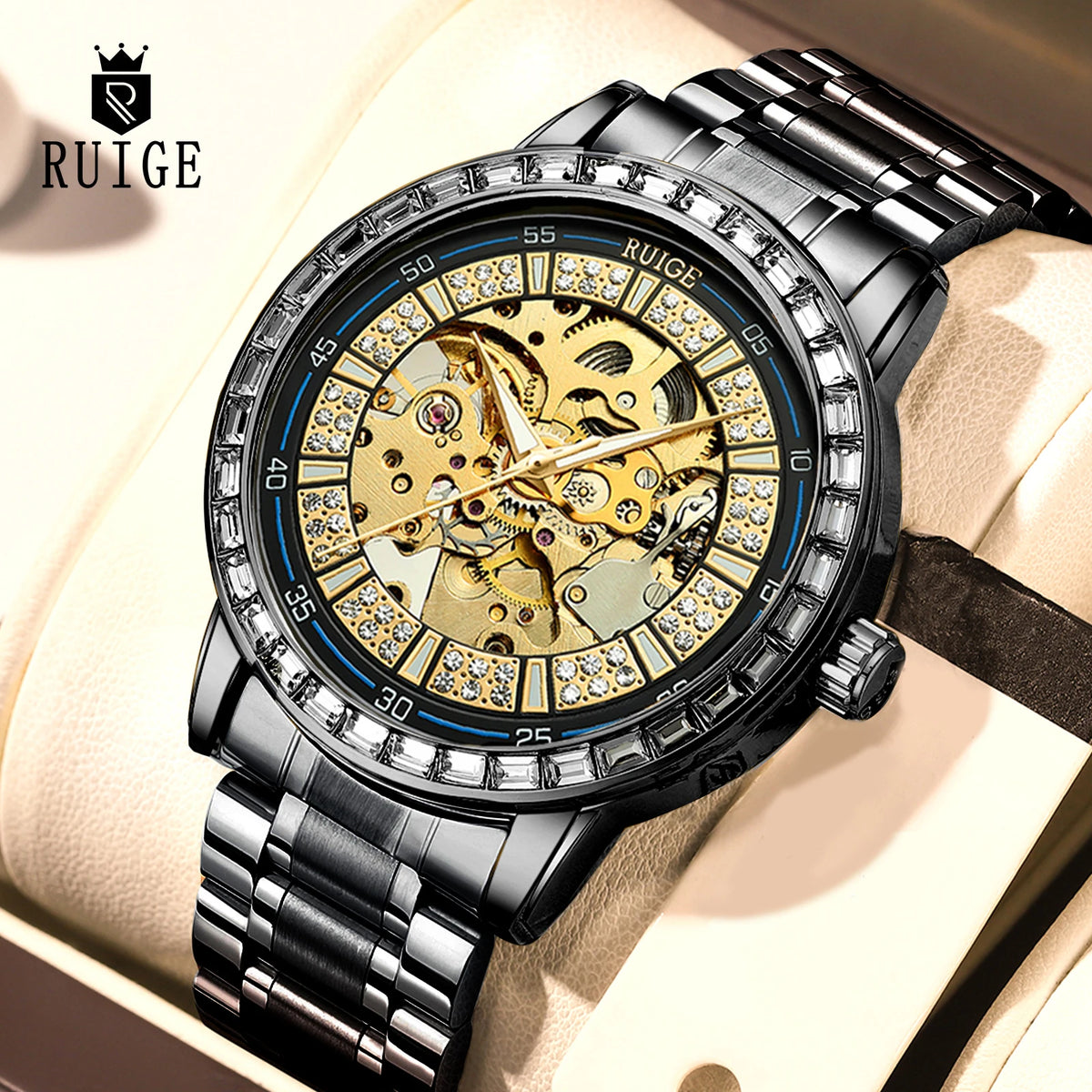Luxury watch with intricate design and visible brand 'RUIGE' on a beige background