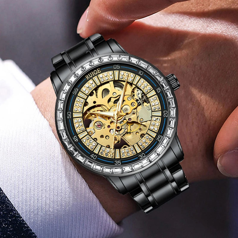 Luxury watch with intricate design on a wrist against a neutral background