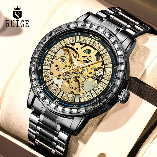 Luxury watch with intricate design and visible brand 'RUIGE' on a beige background